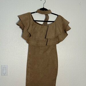 Elegant Brown Ruffle Dress mini suede